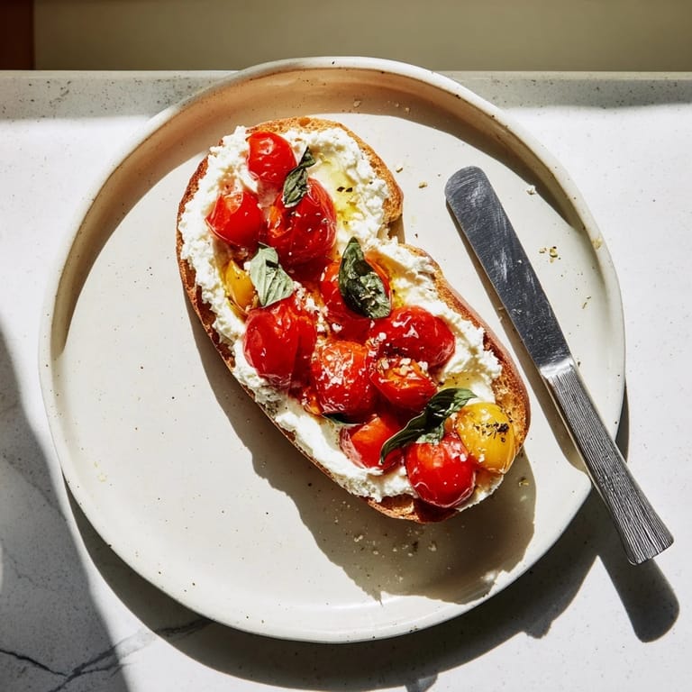 Vibrant roasted cherry tomatoes and smooth ricotta cheese piled high on crispy bread, ready to serve.