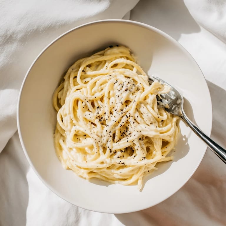 A close-up of Spaghetti Cacio e Pepe highlights the freshly grated Pecorino and coarse black pepper clinging to each strand.