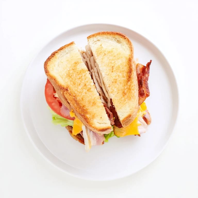 Crunchy bacon and melted cheddar peek out of a toasted Turkey Club Grilled Cheese, served with pickles and a side salad.