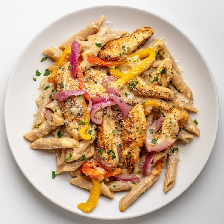 Serving suggestion for Creamy Cajun Chicken Pasta Lite: a warm, lower-calorie bowl topped with grated Parmesan and lemon zest for bright flavor.