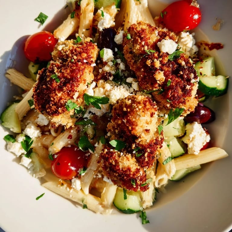 A close-up of Crispy Chicken Greek Pasta highlights juicy chicken, vibrant vegetables, and a zesty red wine vinegar dressing.