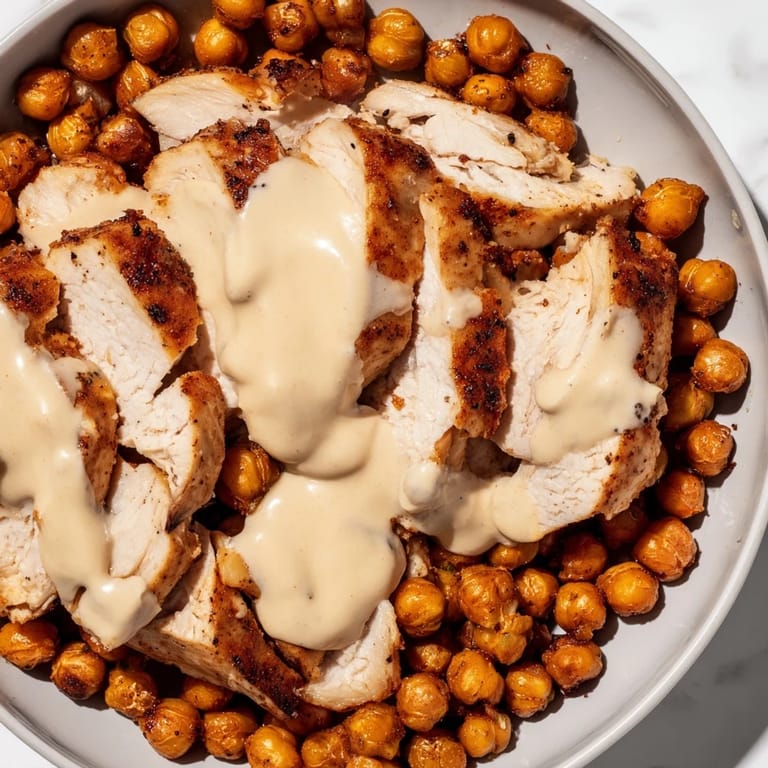 A vibrant Lemon Tahini Chicken Power Bowl features tender roasted chicken, chickpeas, and fresh veggies on a bed of farro, finished with a zesty lemon tahini drizzle.