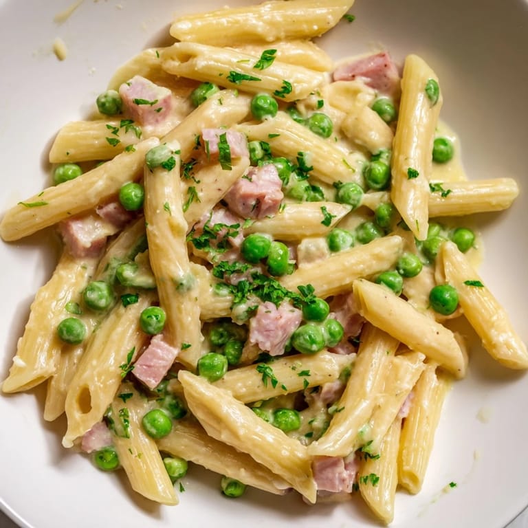 A close-up of Spring Pea & Ham Pasta with bright green peas and savory diced ham.  