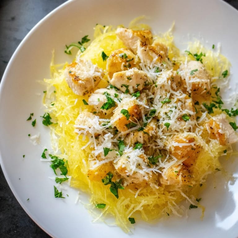 Roasted spaghetti squash serves as a gluten-free base for juicy, zesty chicken, ideal for a bright weeknight dinner.