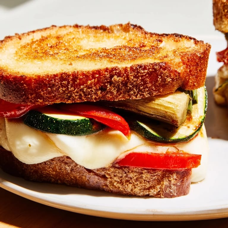 The grilled cheese sandwich is cut diagonally, revealing layers of roasted peppers, fresh mozzarella, and tomatoes, drizzled with balsamic glaze.
