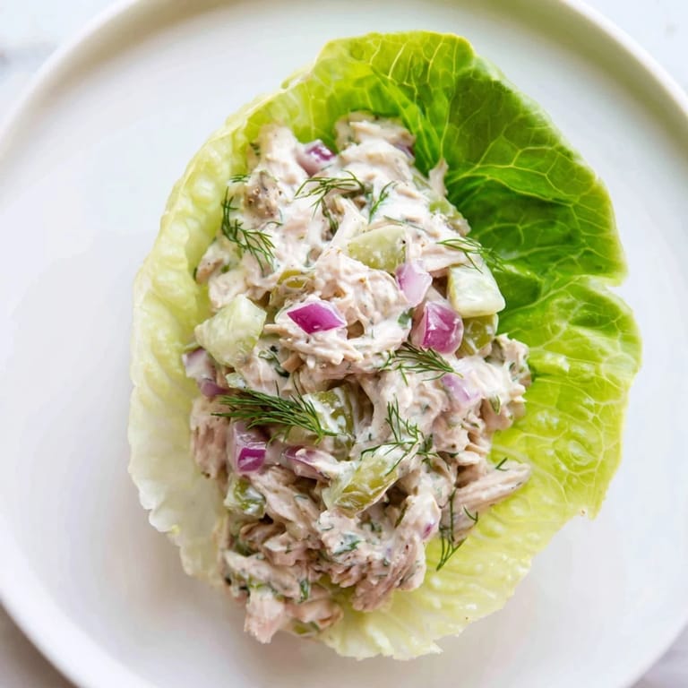 Dill Pickle Chicken Salad Lettuce Cups served as a high-protein, low-carb gluten-free lunch.
