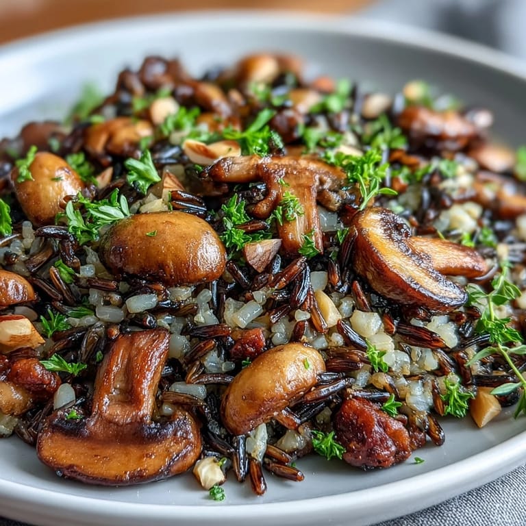 A close-up of the savory Wild Rice and Mushroom Pilaf garnished with fresh parsley, ready as a gluten-free vegetarian side.