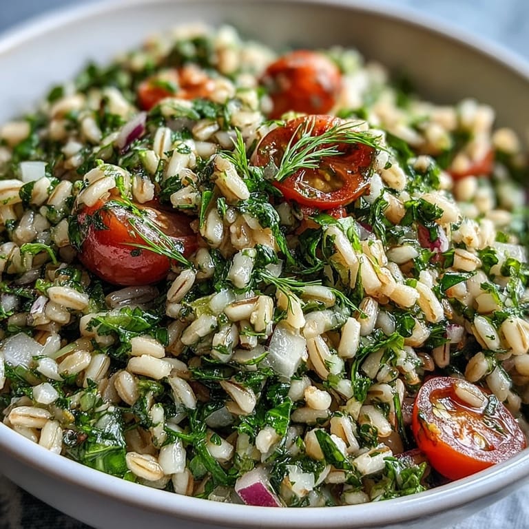Refreshing Barley and Herb Salad, showcasing chopped veggies and zesty herb dressing.