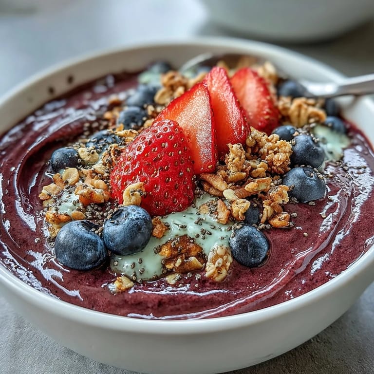 Two creamy Acai Berry Smoothie Bowls served with chia seeds and pumpkin seeds, ready to enjoy with a spoon.