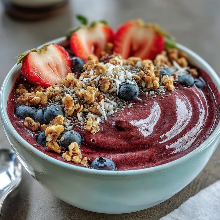 Thick Acai Berry Smoothie Bowl with banana slices, coconut flakes, and almond butter drizzle on a marble counter.