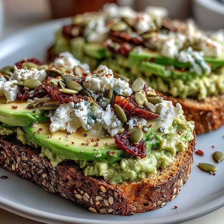Warm, golden brown whole grain toast spread generously with zesty lemon avocado, sprinkled with feta crumbles and a dash of red pepper flakes for a savory kick.