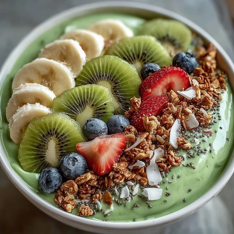 Delicious green smoothie bowl featuring creamy texture and satisfying crunchy toppings.