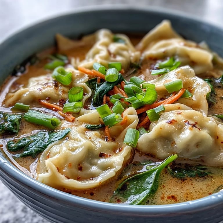 A comforting red curry wonton soup with greens, served hot with chili slices and fresh herbs.