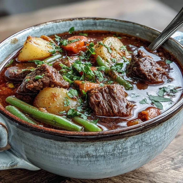 Close-up of hearty Beef and Vegetable Soup showing diced potatoes, carrots, and green beans in a savory herb broth.