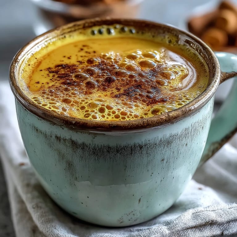 Close-up of warm Turmeric and Ginger Golden Milk with a creamy texture and cinnamon garnish, inviting a soothing sip.