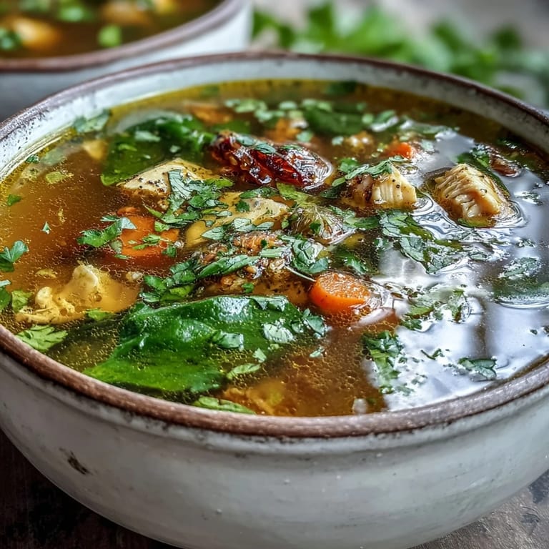 A ladle serving Turmeric Chicken Soup, showing tender chicken pieces, sliced carrots, and wilted spinach in a golden broth.