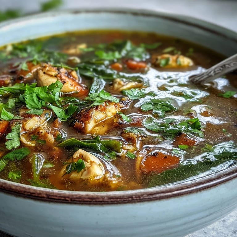 Close-up of Turmeric Chicken Soup in a pot with steam rising, garnished with cilantro and chili flakes for a spicy kick.