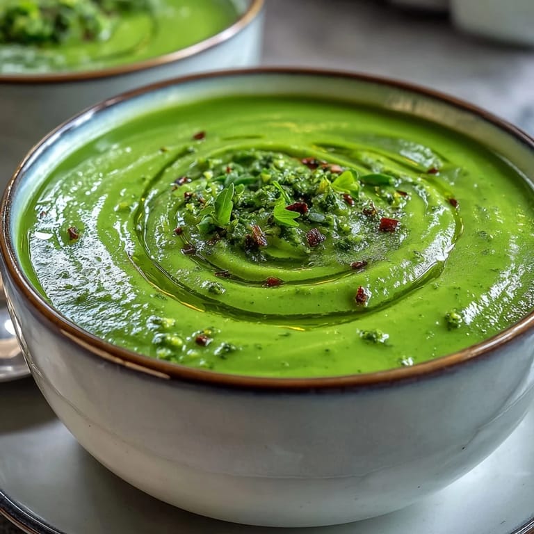 Vibrant green Courgette, Pea and Pesto Soup swirled with pesto and olive oil.