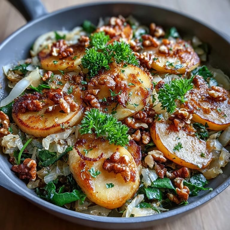 Fresh arugula and toasted pecans garnish the warm, savory salad.