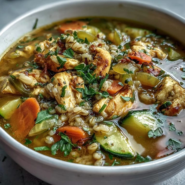 Close-up of tender chicken, carrots, and zucchini in golden Soothing Turmeric Chicken With Pearl Barley broth.