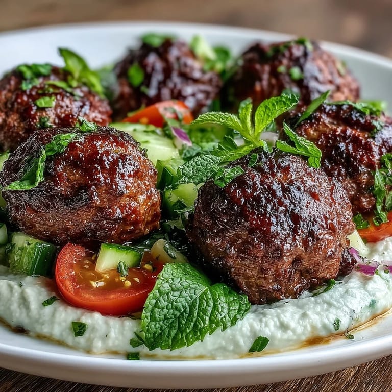 Tender venison meatballs served with crisp salad and creamy hummus for dinner.