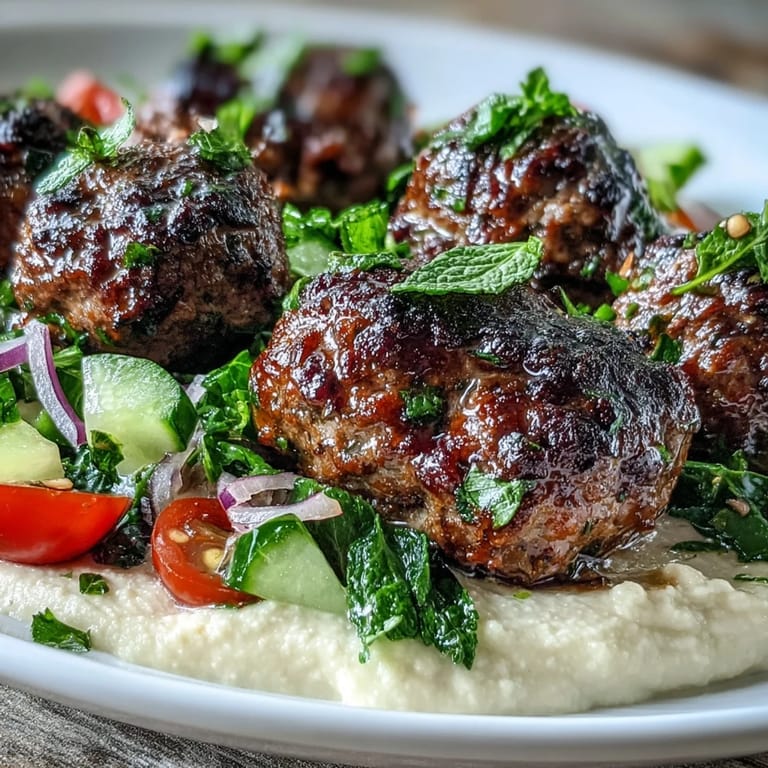Freshly prepared venison meatballs paired with vibrant salad and hummus garnish.