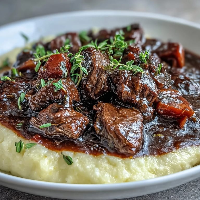 A hearty bowl of Venison Stew with Sloe Gin and Polenta, garnished with fresh thyme and ready to serve.  