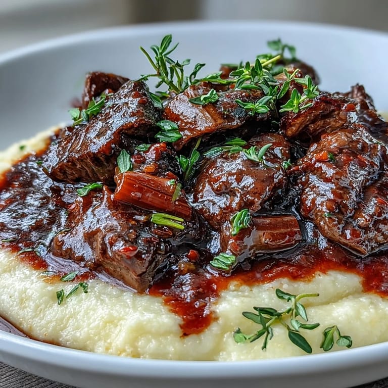 Warm Venison Stew with Sloe Gin and Polenta, featuring aromatic vegetables and a glossy, deep red sauce.