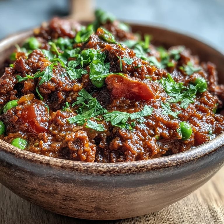 Close-up of Venison Keema Curry, featuring ground meat and peas, perfect with warm naan or rice.
