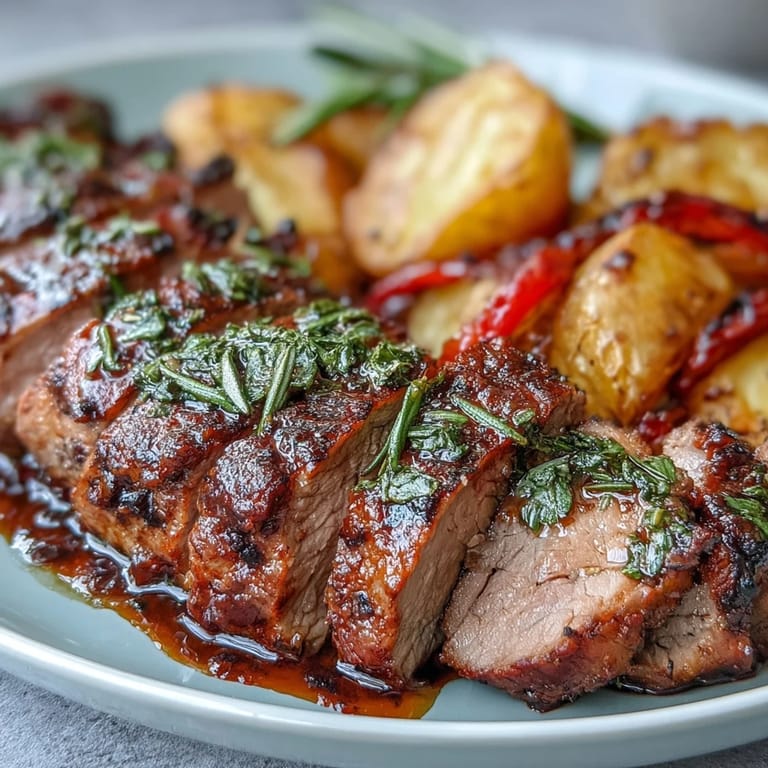 A close-up of succulent Ibérico pork fillet with crispy roasted potatoes and caramelized red peppers, garnished with fresh rosemary.  