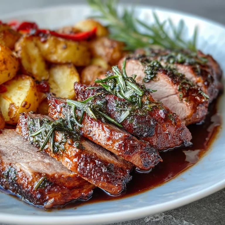 A vibrant serving of marinated Ibérico pork fillet alongside golden roasted potatoes and tender red peppers, drizzled with pan juices.