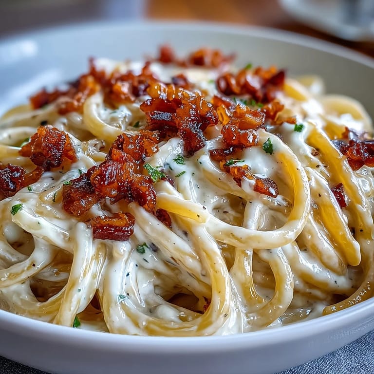 Hearty low-carb celeriac carbonara topped with golden pancetta crumbles and a swirl of rich sauce.