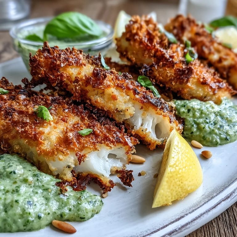 Haddock goujons with Parmesan crust and pea pesto offer a crunchy texture, bright flavors, and a sophisticated twist on classic fish fingers.