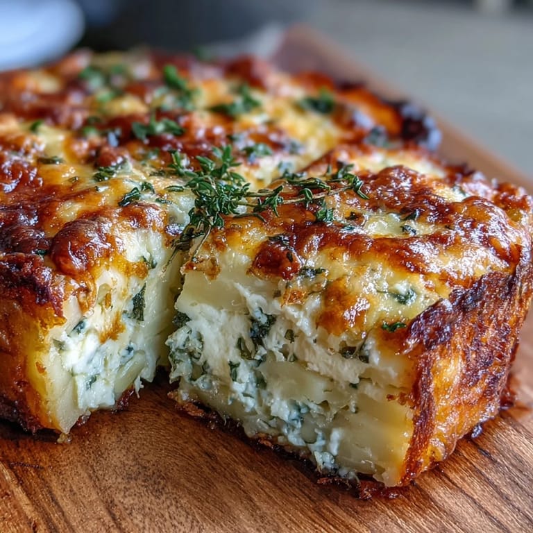 A rustic serving of Cheese and Potato Pie is set on a wooden table, garnished with fresh chives and paired with a green salad.