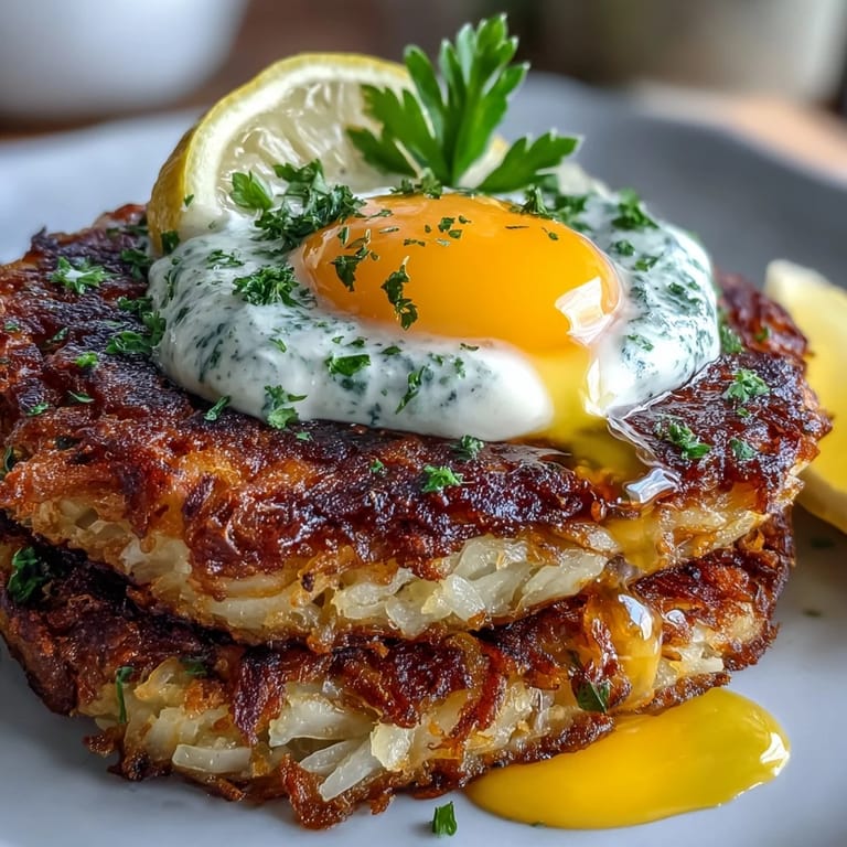 Hearty celeriac rösti served with vibrant harissa yogurt and a sunny-side-up egg for a savory brunch.