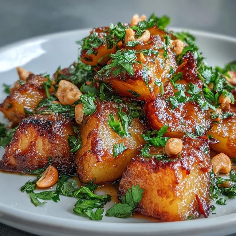Close-up of curried celeriac simmering, showing tender vegetable pieces in a rich, aromatic coconut curry.
