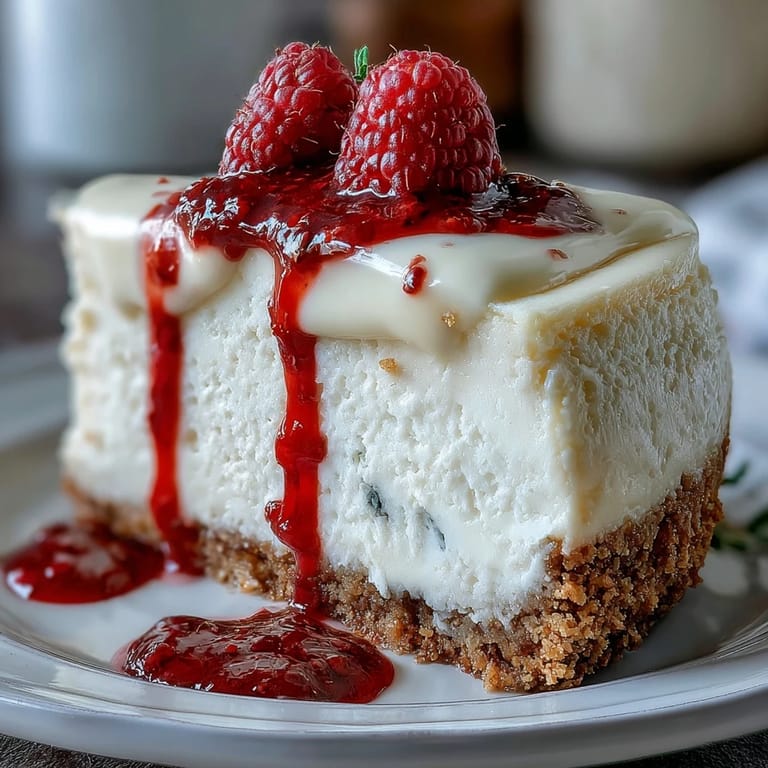 Indulgent White Chocolate Raspberry Cheesecake Bliss plated with a fork, ready to serve for an elegant dinner party dessert.