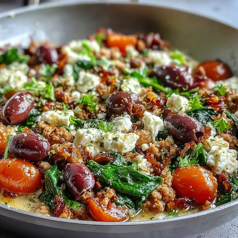 Steam rising from Mediterranean Keto Ground Chicken Skillet with Olives and Feta, highlighting briny olives and creamy feta cheese.