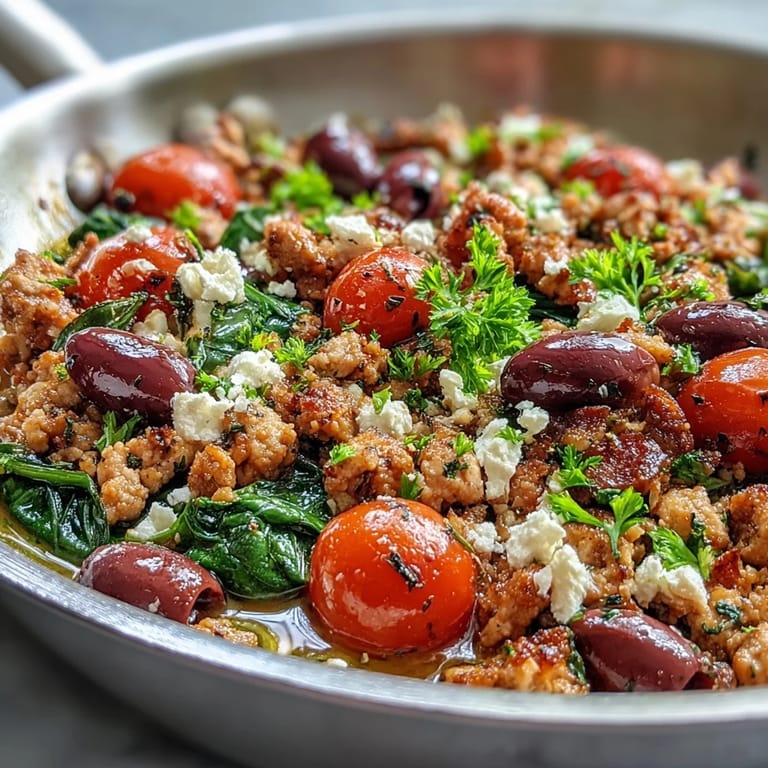 A serving of Mediterranean Keto Ground Chicken Skillet with Olives and Feta, garnished with tomatoes and spinach on a rustic table.