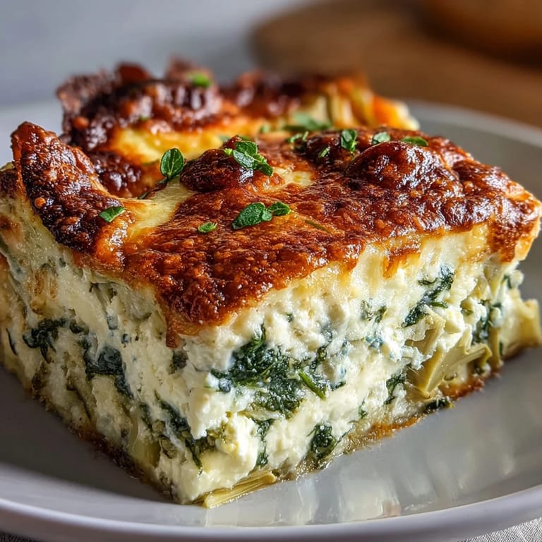 Freshly baked casserole with spinach and artichoke, ready to enjoy with salad.
