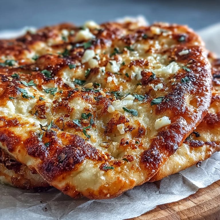 Soft, fluffy The Best Easy Garlic Naan Bread with charred spots and glistening butter, ready to scoop up rich dal.