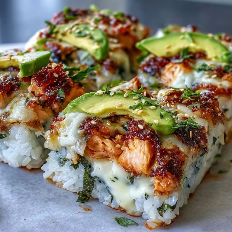 Forkful of deconstructed Spicy Salmon Sushi Bake lifted from a baking dish, revealing melted cheese and savory sriracha mayo.