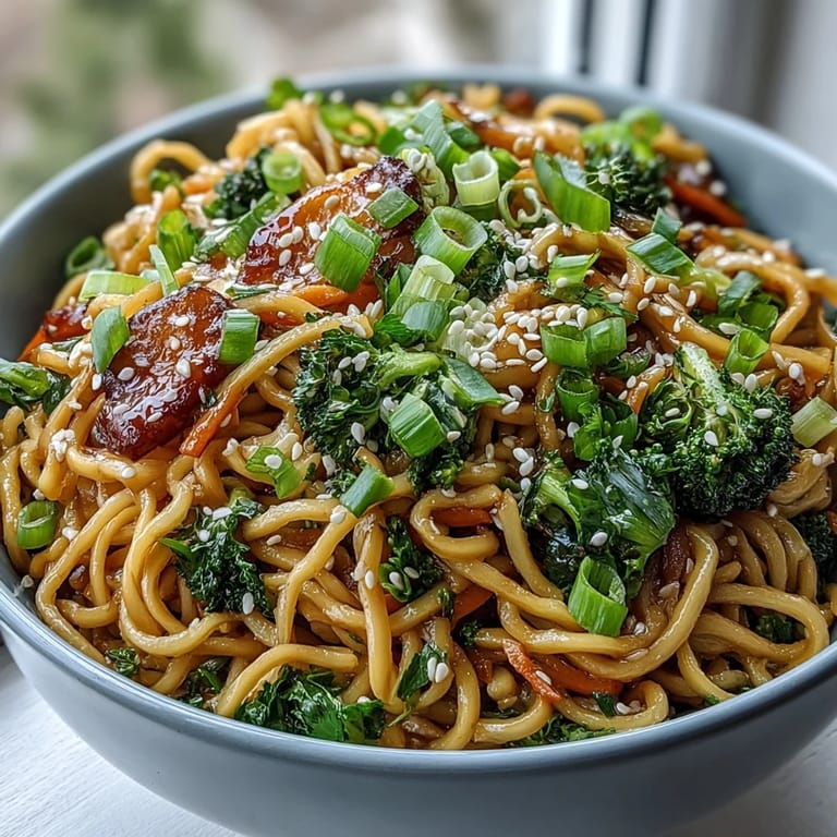 Steaming Asian Teriyaki Noodle Bowl garnished with toasted sesame seeds and sliced green onions, served as a colorful main dish for a quick family dinner.