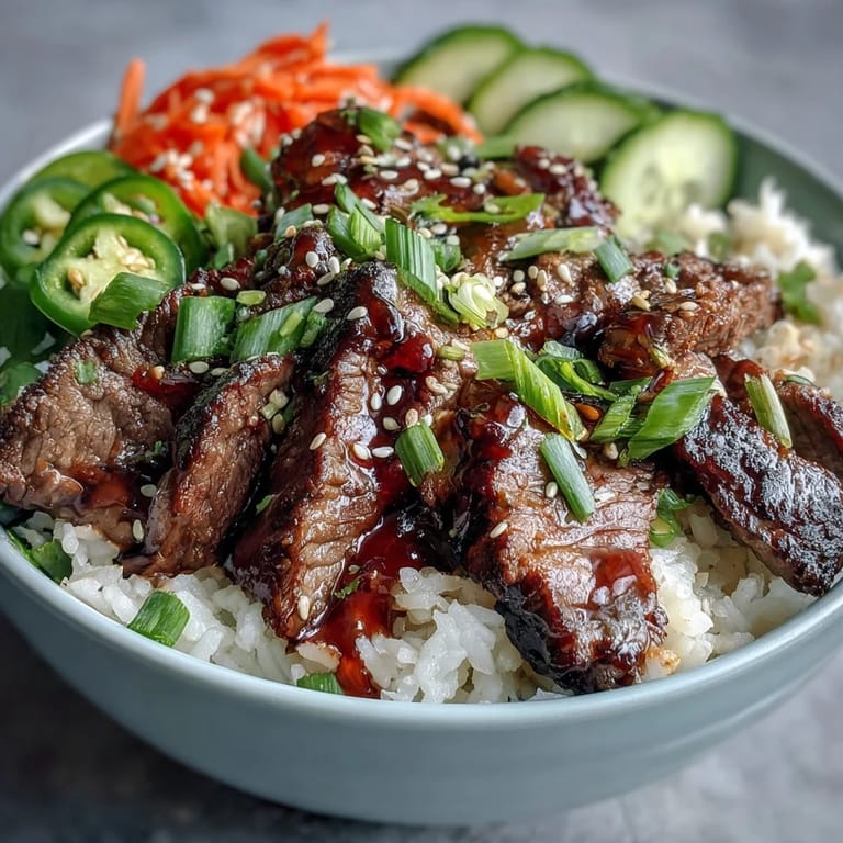 A colorful Korean Beef Power Bowl, packed with fresh vegetables and savory marinated beef.