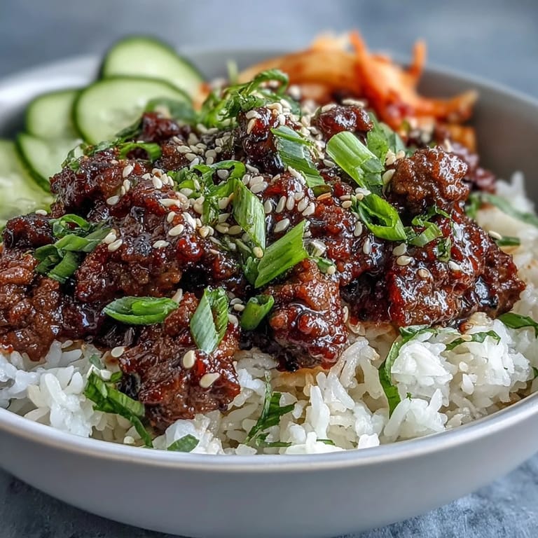A close-up of a vibrant Korean Ground Beef Bowl garnished with sesame seeds and fresh green onions for added flavor.
