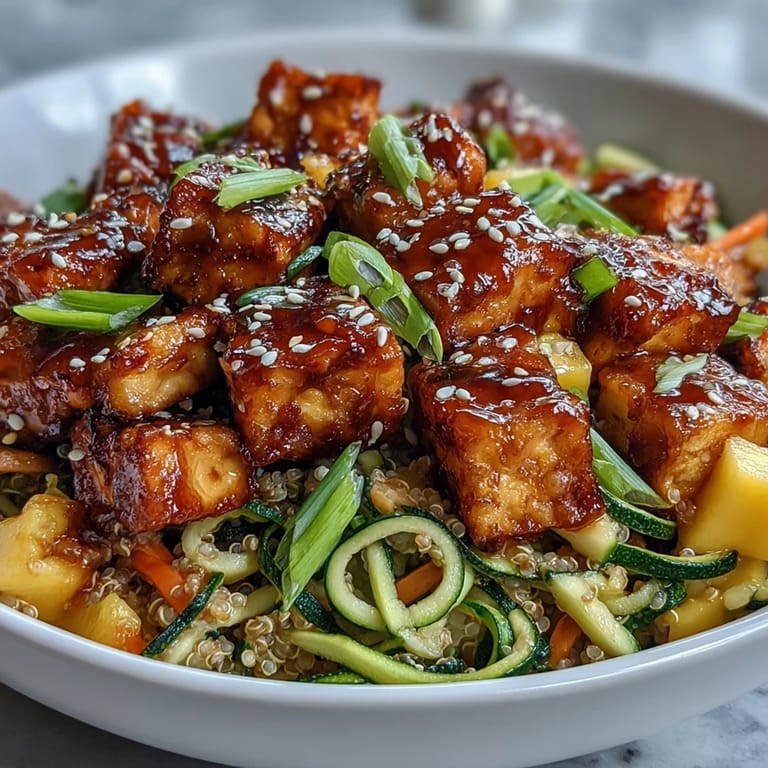 Sunshine-yellow mango chunks and sliced green onions garnish this Easy Teriyaki Quinoa Bowl, ready to enjoy immediately.