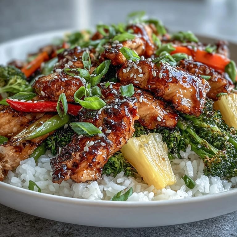 A vibrant overhead view of a Teriyaki Chicken and Rice Bowl topped with juicy pineapple chunks, scallions, and sesame seeds.