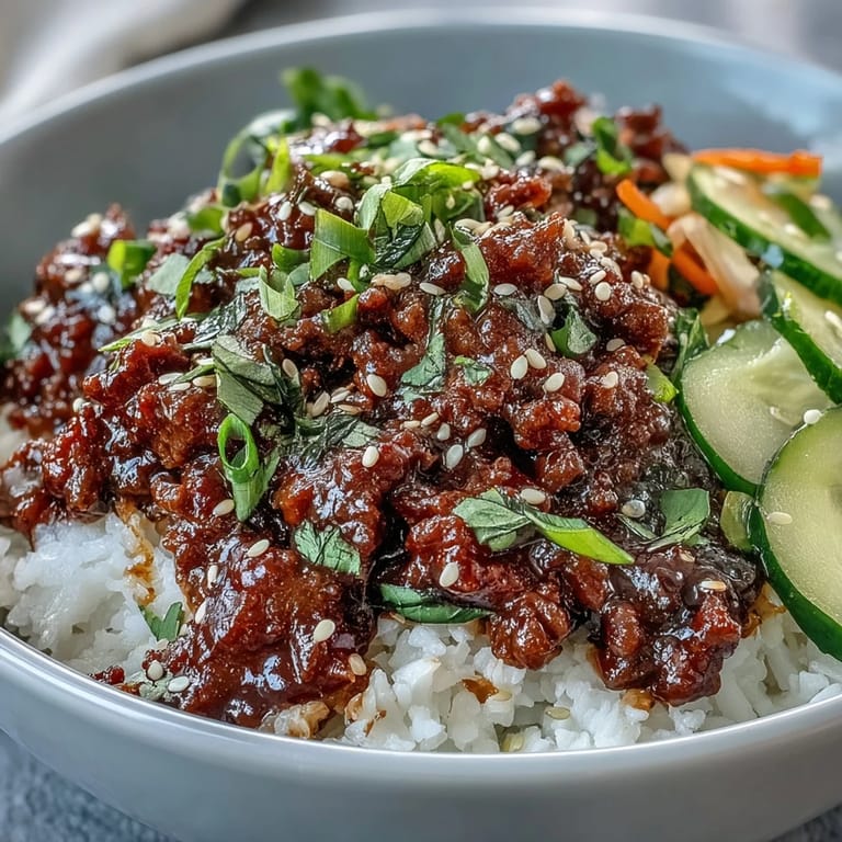 Korean Beef Bowl topped with crisp cucumber, radish, and sesame seeds.