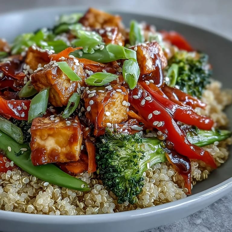 A wholesome vegan Quinoa Vegetable Teriyaki Bowl topped with green onions and sesame seeds, drizzled in glossy sauce. 