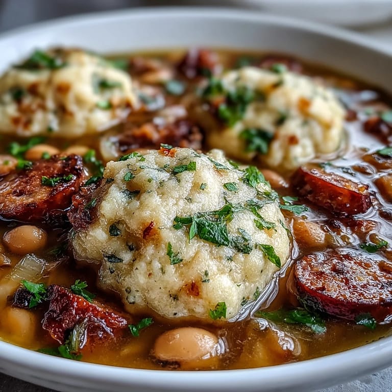 Tender dumplings steam atop the rich Black-Eyed Peas and Sausage Dumplings stew inside a Dutch oven.